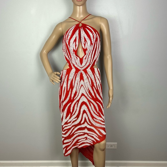 HAUTE HIPPIE CUTOUT BEADED SILK MIDI DRESS - Picture 2 of 13